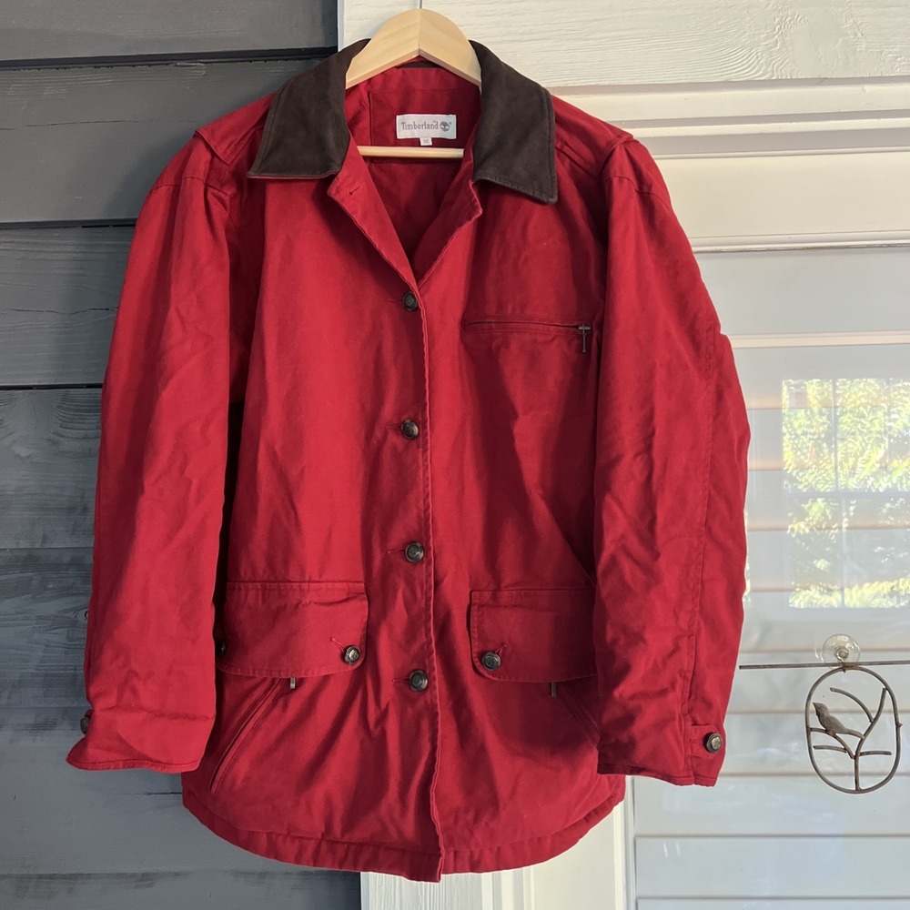 Vintage 90s Timberland Weathergear Red Canvas Barn Jacket Leather Collar Mens M